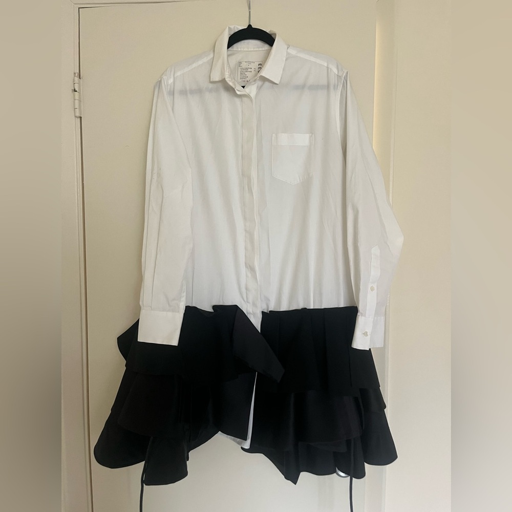 Sacai White and Black Ruffle Hem Shirt Dress